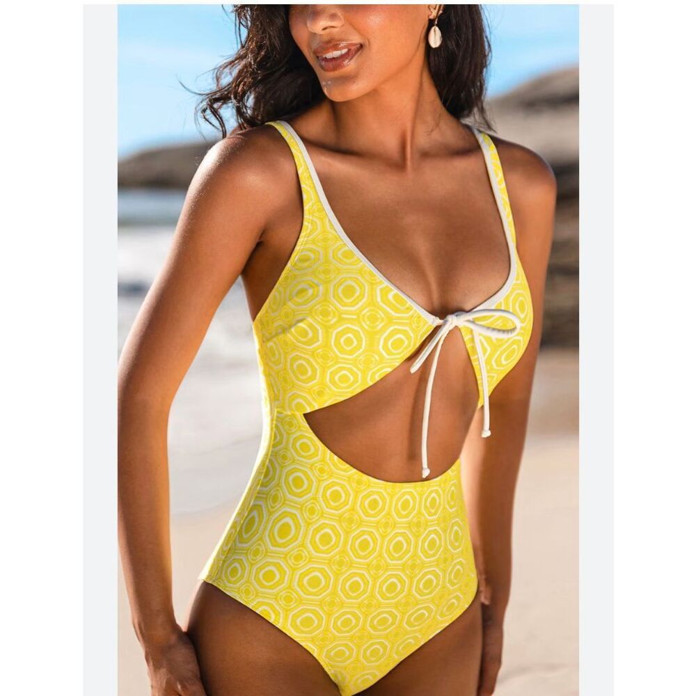 Cupshe Squeeze the Day ornate one-piece swimsuit Yellow geometric print Sz L NWT